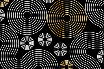 Abstract white lines circles on black background, linear swirls path vector banner template.