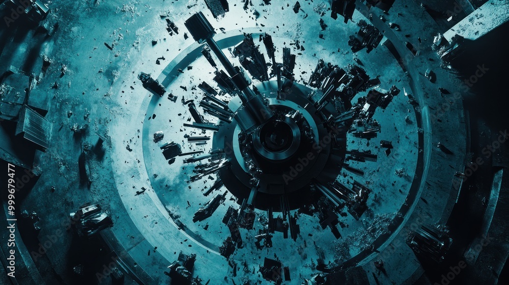 Poster aerial view of a futuristic, circular structure surrounded by debris in a dark environment.