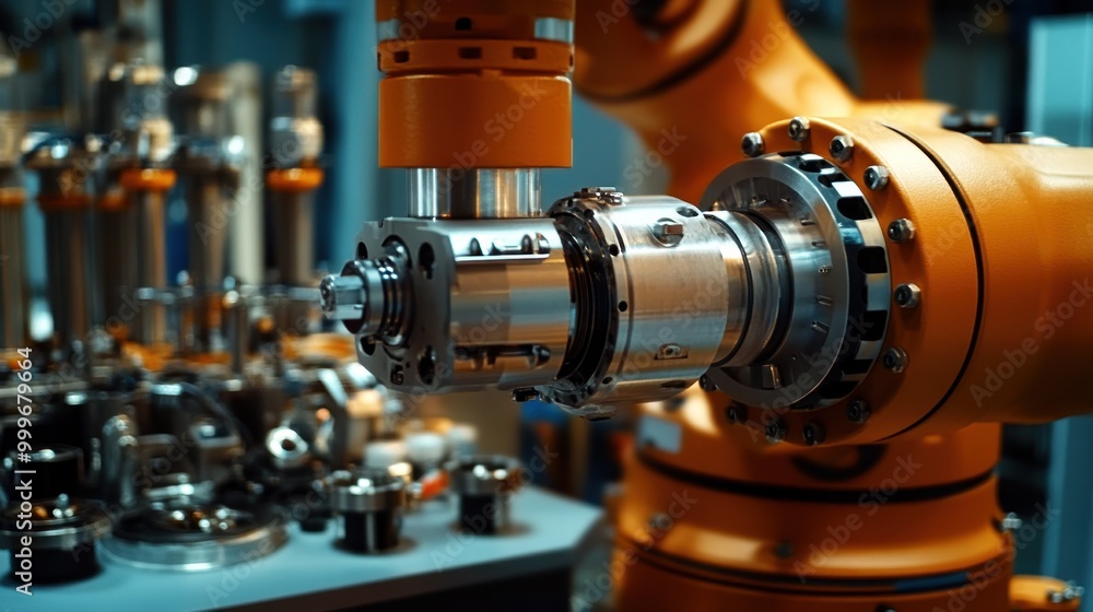 Poster a close-up of a robotic arm component in an industrial setting, showcasing precision engineering.