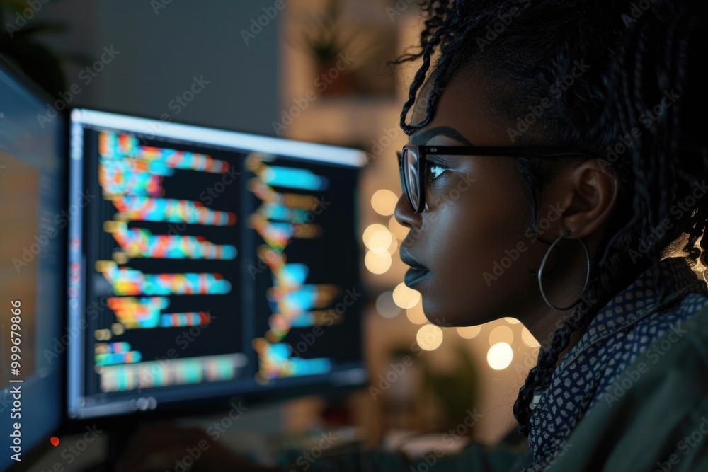 Poster a person sitting in front of a computer monitor, possibly working or browsing