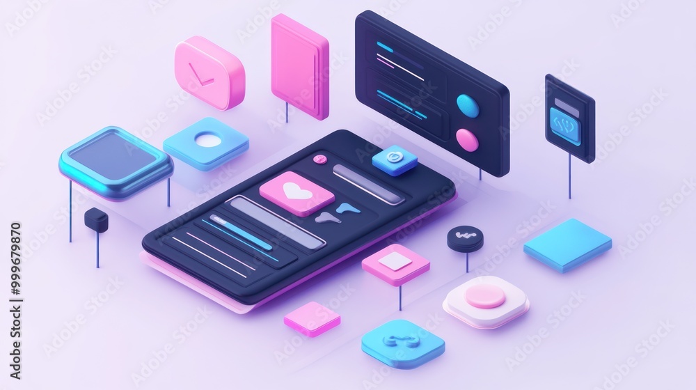 Poster a digital illustration of a smartphone surrounded by various app icons and ui elements.