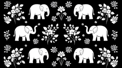 White elephant silhouettes and floral patterns on a black background.