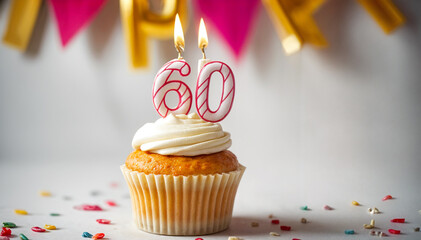 Birthday cupcake with burning lit candle with number 60. Number sixty for sixty years or sixtieth anniversary.
