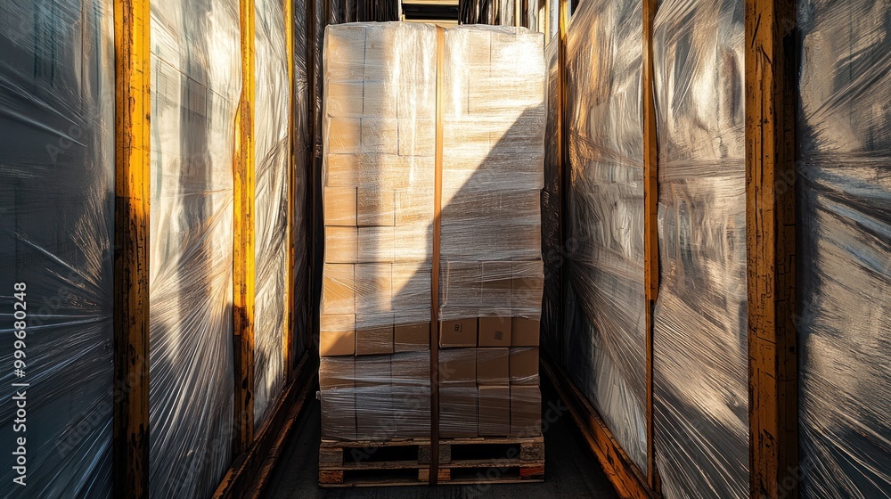 Poster a view of stacked pallets wrapped in plastic inside a shipping container.