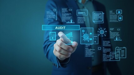 Businessman pressing audit on futuristic interface