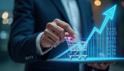  Ecommerce success  Hand pushing shopping cart on digital graph
