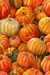 A selection of vibrant orange and white pumpkins arranged on a wooden shelf