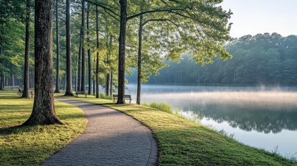 Serene lakeside path surrounded by trees and mist, ideal for relaxation and nature walks.