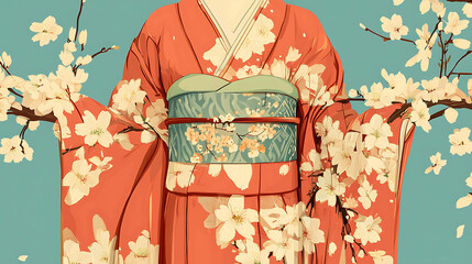 Naklejka premium Woman in a red kimono with white flowers, standing in front of a cherry blossom tree.