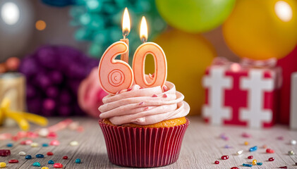 Birthday cupcake with burning lit candle with number 60. Number sixty for sixty years or sixtieth anniversary.