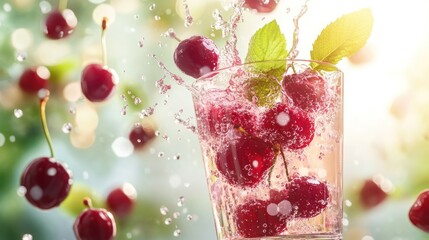 A refreshing drink with cherries and mint splashes in a glass, evoking summer vibes.