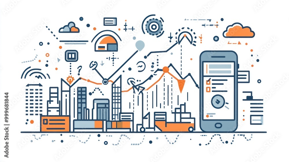 Poster a stylized cityscape with data visualization elements and a smartphone, depicting technology integra