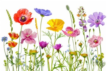Fototapeta premium A bouquet of colorful flowers arranged on a white background, perfect for use in editorial, commercial or personal projects