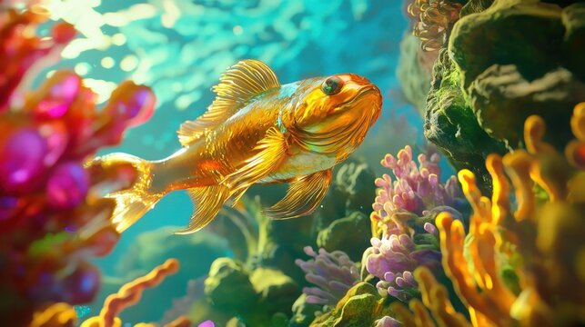 Vibrant golden fish gliding through a colorful coral reef under shimmering sunlight