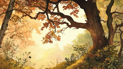 Fototapeta premium Golden autumn afternoon in a serene forest with colorful foliage and gentle sunlight