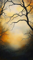 A serene autumn sunset enveloped by silhouetted branches on a quiet evening