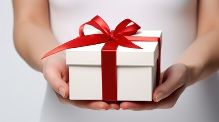 Gift Presentation: A White Box Tied With a Red Bow