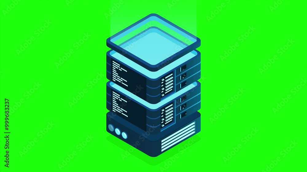 Poster isometric futuristic server animation. isometric database or data center. abstract blockchain. compu