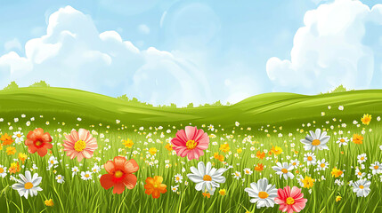 Colorful flowers in a green field with a blue sky and white clouds in the background.