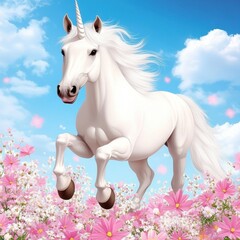 Naklejka premium A majestic unicorn gracefully leaps through vibrant pink flowers under a bright blue sky