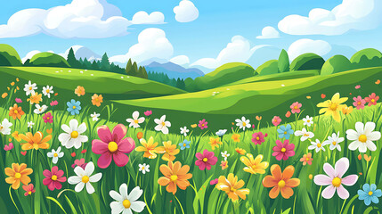 A beautiful cartoon field with colorful flowers.