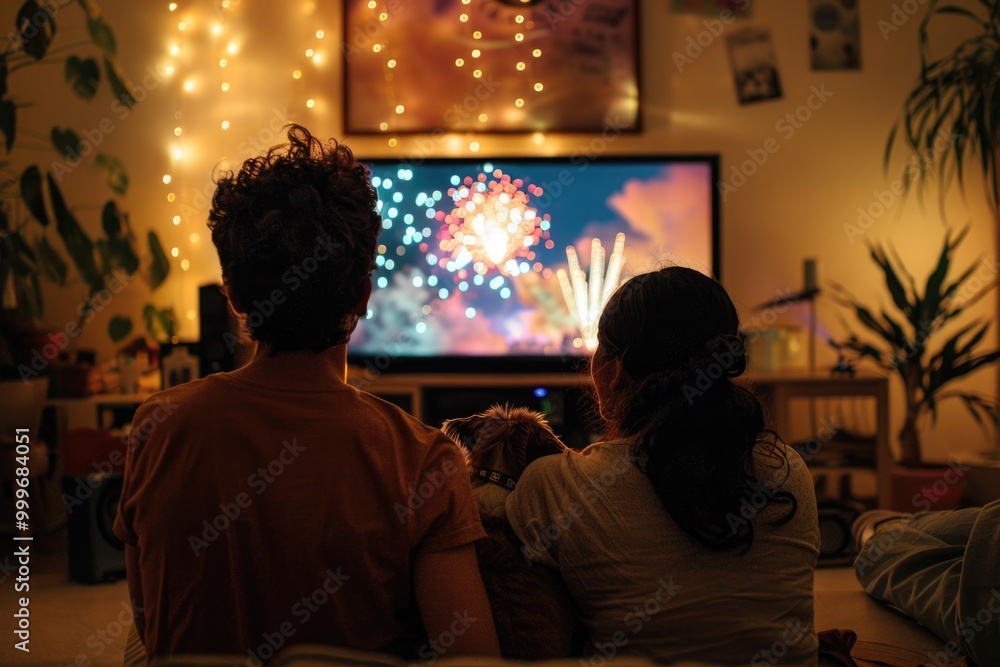 Poster two people relaxing on a couch while enjoying a fireworks display