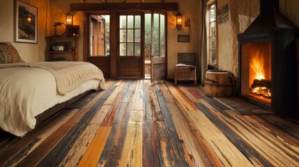 Rustic Bedroom with Reclaimed Wood Floor and Cozy Fireplace in a Cabin Setting