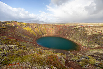 Kerid volcanic crater with its azure lake , Grímsnes, Iceland