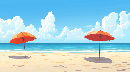 Fototapeta premium Two red beach umbrellas on a sandy beach with blue sky and white clouds in the background.