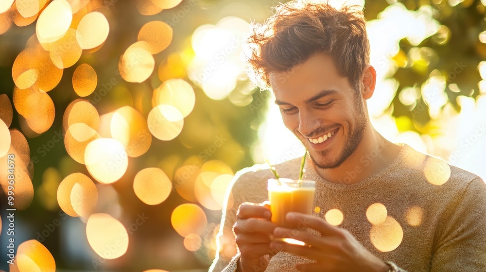 Poster a smiling man enjoys a refreshing drink in a sunlit outdoor setting with a bokeh background.