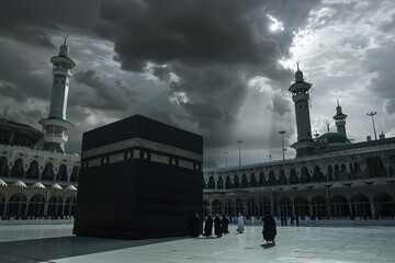 Painting. Drawing of the Kaaba prayer in Mecca, back view. Holy place with prayer.