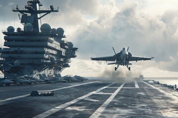 A plane taking off from the deck of an aircraft carrier in a naval aviation scenario