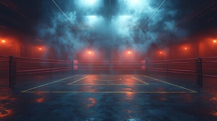 Fototapeta premium dramatic boxing ring spotlighted on fight night empty yet charged with anticipation the dimly lit surroundings create an electrifying atmosphere