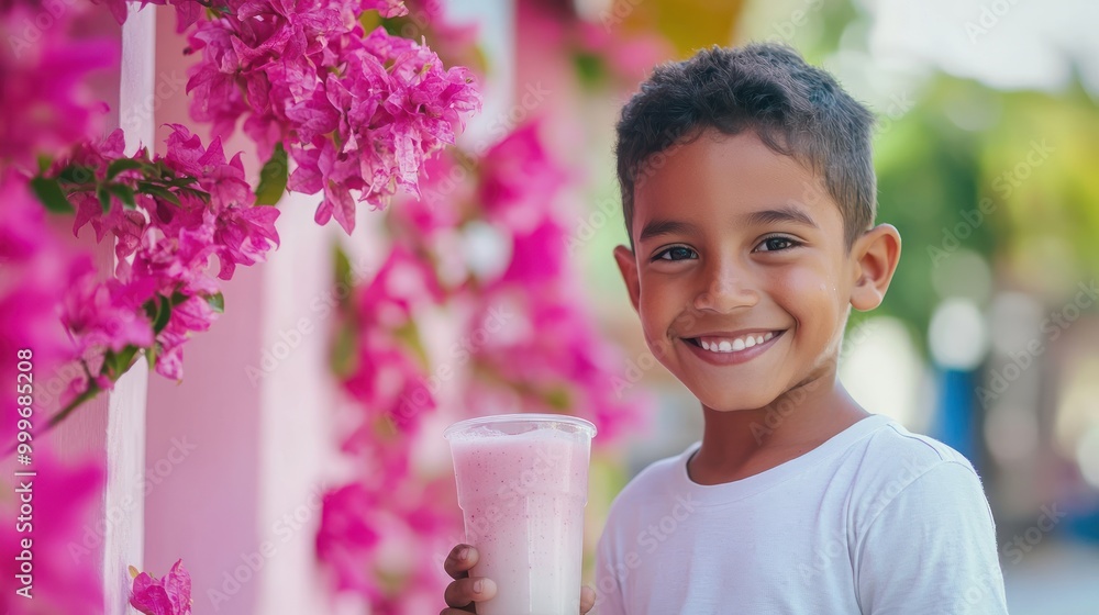 Sticker A smiling child holds a drink in front of vibrant pink flowers.