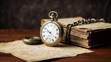 A vintage pocket watch rests on aged paper, evoking nostalgia through its intricate details and warm lighting