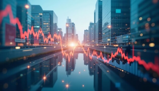 Cityscape with financial data overlay symbolizing economic growth and urban development