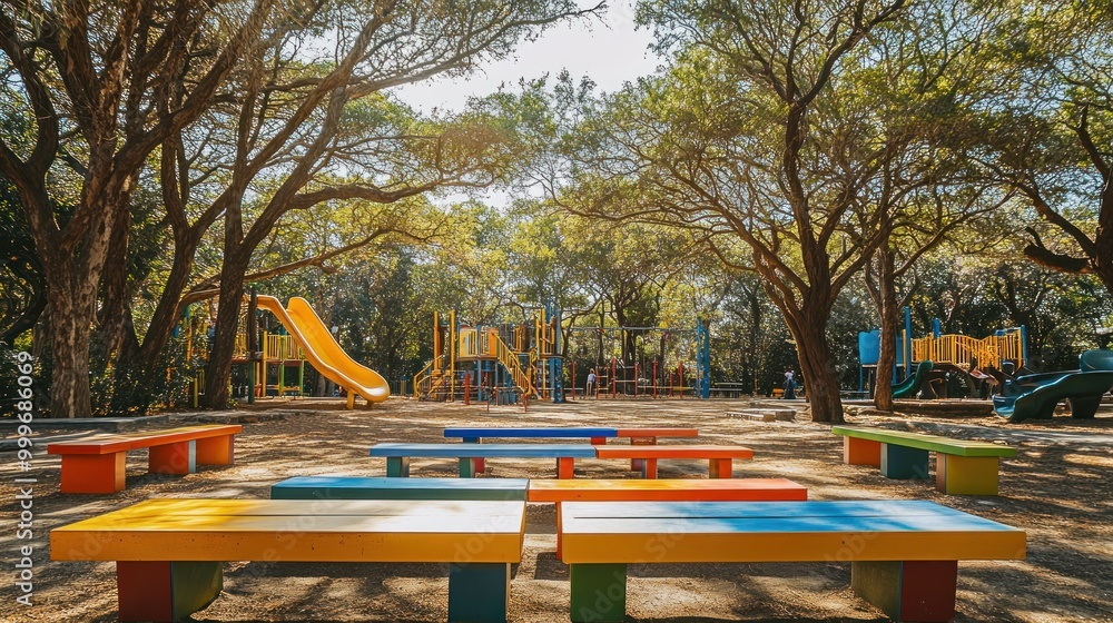 Aufkleber a colorful playground with benches, slides, and climbing structures surrounded by trees.