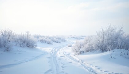 Winter landscape with snowy path and frosted trees under soft natural light