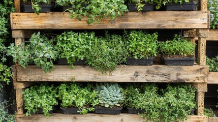 Wooden Shelves with Potted Herbs and Succulents in a Rustic Garden