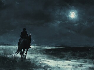 Silhouette of a lone rider on horseback under a moonlit night, traversing a desolate landscape with an eerie, atmospheric sky.