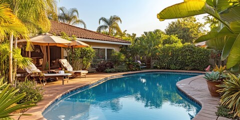 A serene backyard with a pool, lounge chairs, and lush greenery for relaxation.