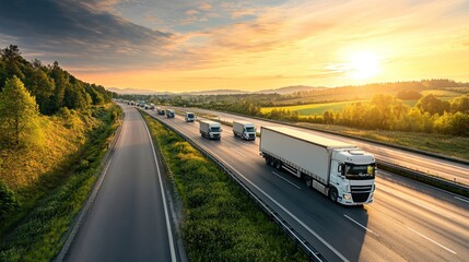 Trucks traveling on a highway at sunset, showcasing transportation and logistics.