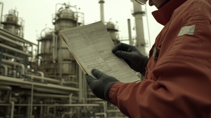 Fototapeta premium A worker reviews a document in an industrial setting, with machinery in the background.
