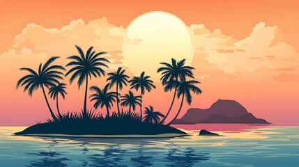 Silhouette of a tropical island with palm trees against a sunset sky.