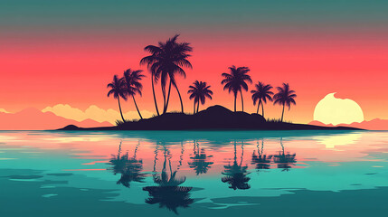 Fototapeta premium Silhouetted palm trees on a tropical island at sunset.