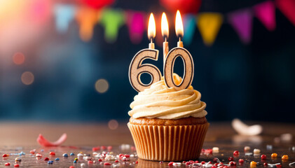Birthday cupcake with burning lit candle with number 60. Number sixty for sixty years or sixtieth anniversary.