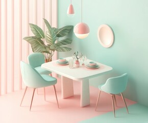 A modern dining area featuring pastel colors, a table, chairs, and decorative plants.