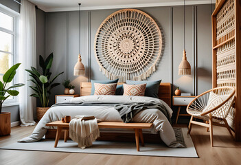 Bedroom interior in boho eco style with decorative elements and wonderful view