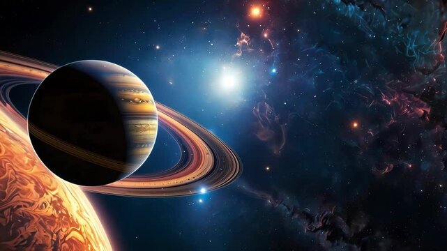 A stunning cosmic scene showcasing Saturn's rings and vibrant nebulae, emphasizing the beauty and vastness of the universe