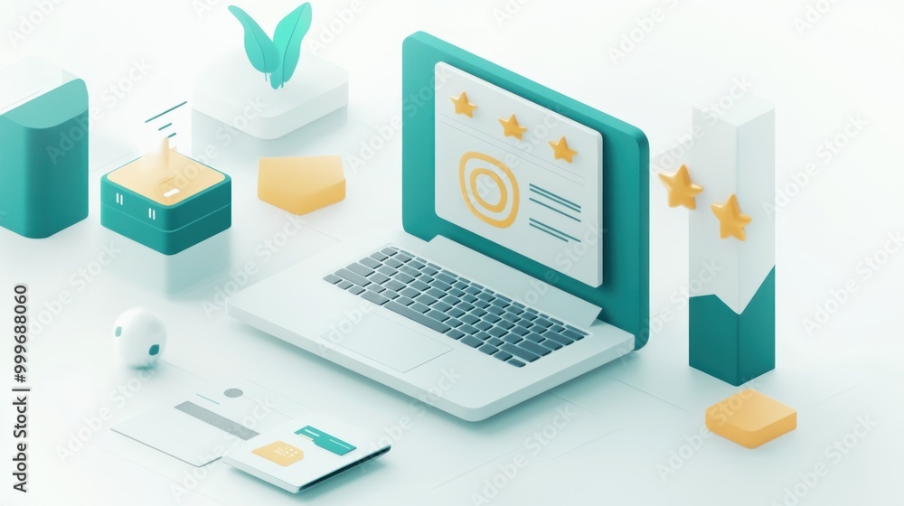 Poster a digital workspace featuring a laptop with ratings and various abstract elements.